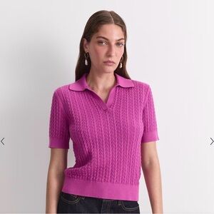 Bright Pink Cable Knit Short Sleeve Polo
